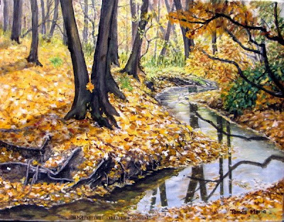 Autumn Sunlight-oil painting autumn forest scene near a river