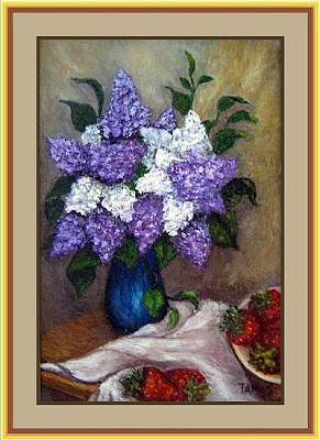 Oil painting - still life with lilacs and strawberries on a table