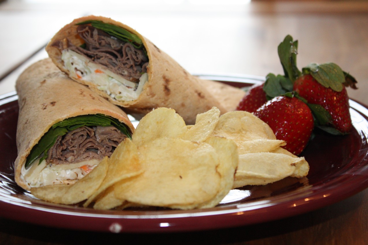 pass the peas, please roast beef wrap with horseradish slaw