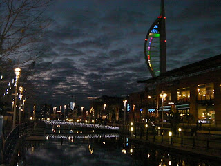 spinnaker tower at night with lights