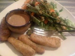 Baked salmon sticks and arugula/butter lettuce with grilled veggie salad.