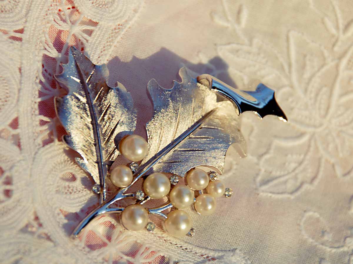 Silver Trifari holly pin with pearls