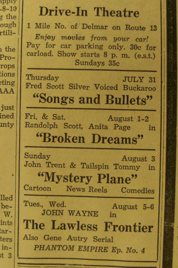 Delmar Historical And Art Society Delmar's First Drive In Movie Theatre