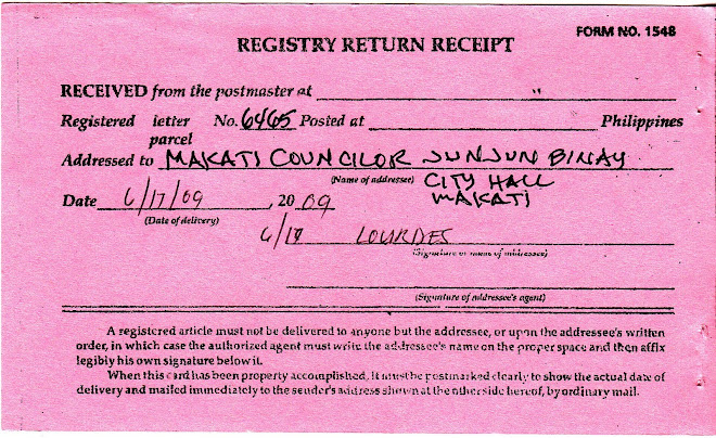 image of registry return receipt of letter addressed to Makati councilor J. J. Binay