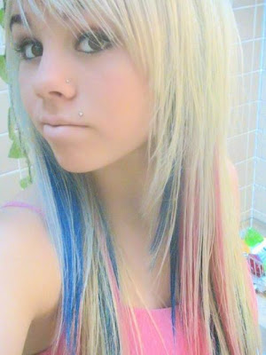 blonde sexy girl emo hairstyle with blue and pink combination