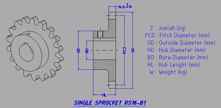gambar teknik Sprocket type RS16B