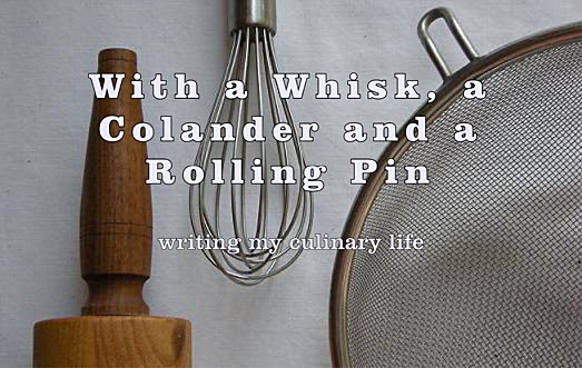 with a whisk, a colander and a rolling pin