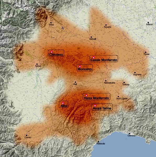 Area di influenza politico militare dei Marchesi di Monferrato in epoca Medievale.