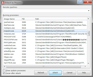 Окно Delphi Run/Attach to process