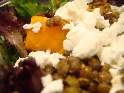 spiced pumpkin, lentil, and goat cheese salad