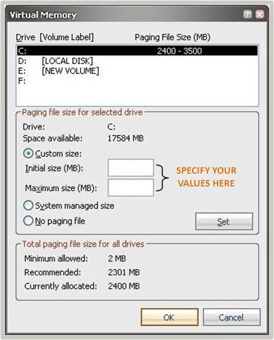 Change the size of the virtual memory paging file