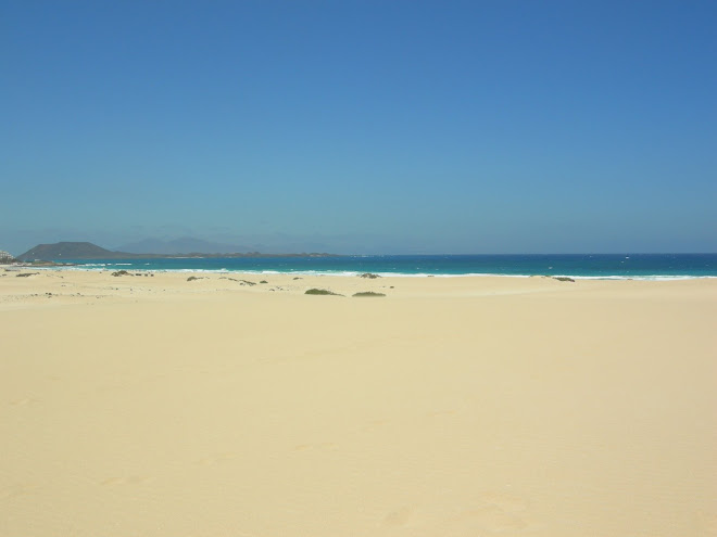 La plage des dunes de Corralejo avec Lanzerote a l'horizon.