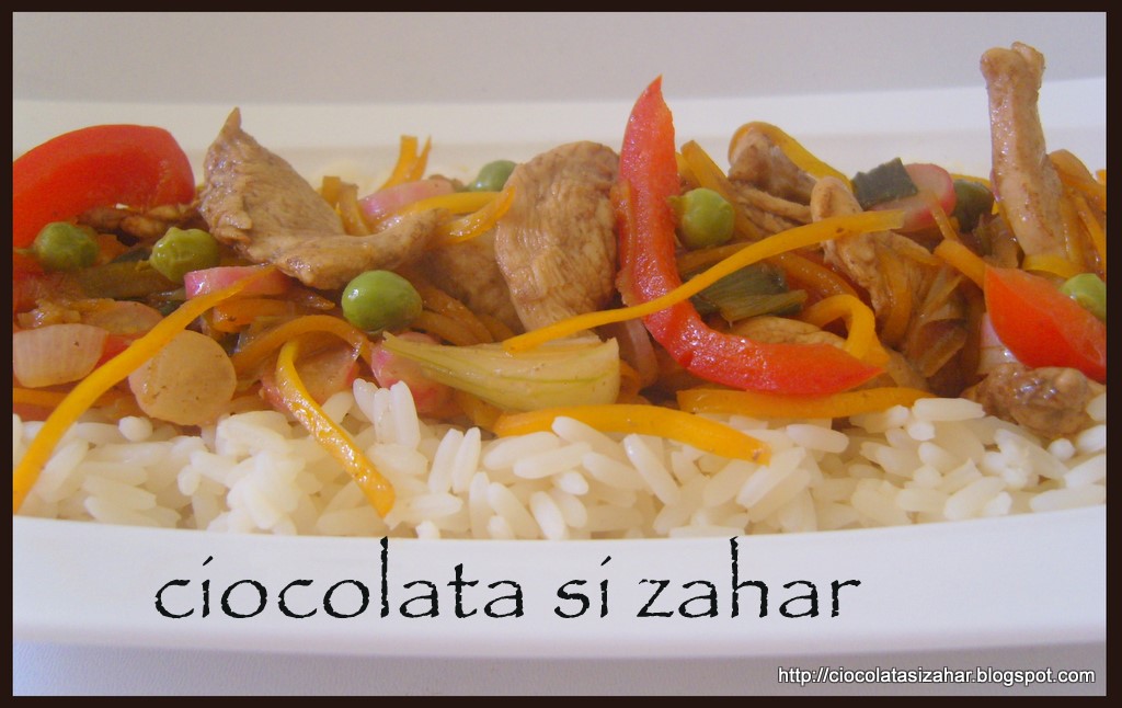 de retete... Pui marinat cu legume de sezon si orez reteta