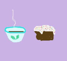 drawing of a cup of tea and a small cake