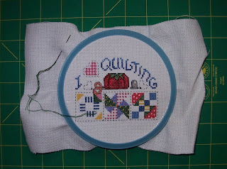 I Love Quilting cross stitch project in a hoop