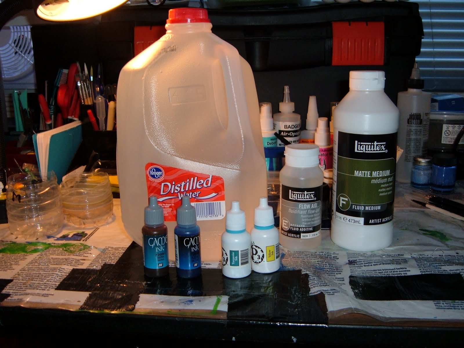 Paint Stand for 21, Vallejo Wash, Pigments, Liquitex Inks, and AK