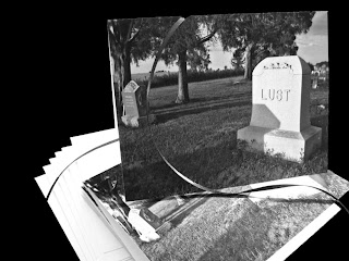 humorous anti Valentine's Day pair of TWO note cards done in gothic black and white of Lust's gravestone