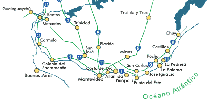 Mapa y lugares de interes en la Costa este de Uruguay