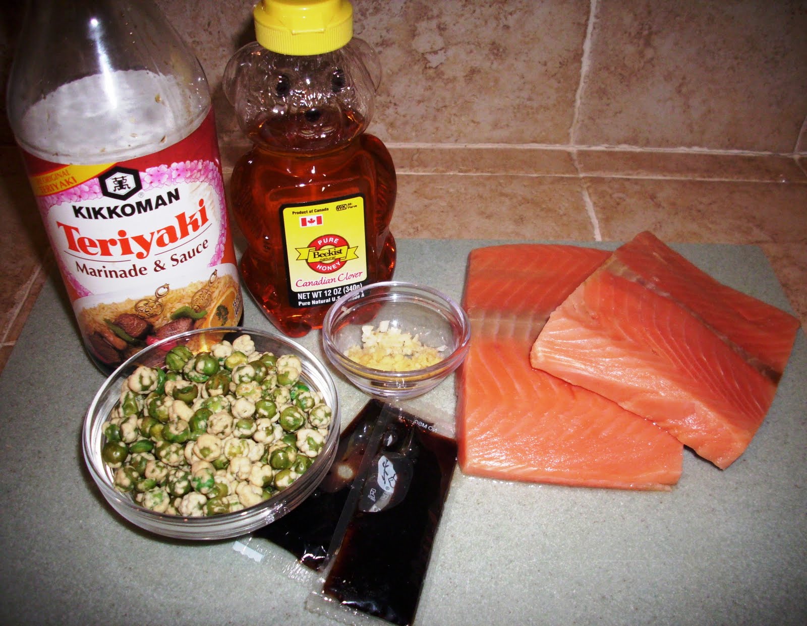 Teriyaki, ginger & honey glazed salmon with wasabi