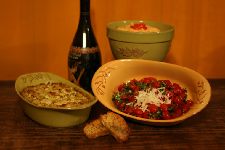 Spicy Artichoke Dip, Bruschetta, and Roasted Red Pepper Hummus