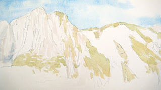 Watercolor painting demo of Yosemite: A close up of the vegetation being painted.