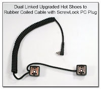 Dual Linked Upgraded Hot Shoe to Rubber Coiled Cable with ScrewLock PC Plug