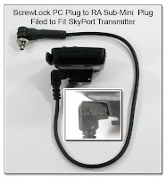 SC1013: ScrewLock PC Plug to RA Sub-Mini Plug - Filed to Fit SkyPort Transmitter (shown inserted into transmitter)