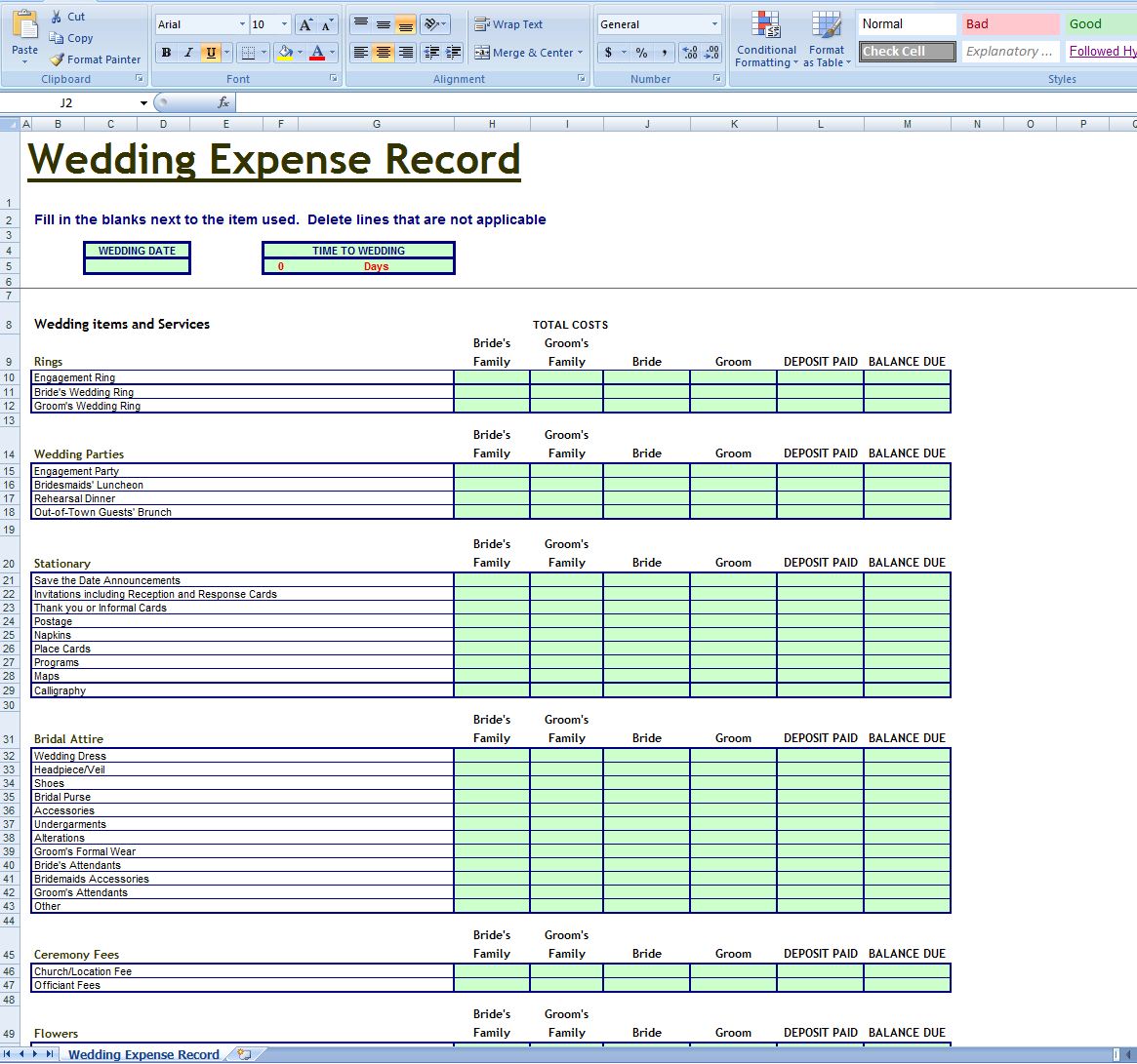 Wedding Expenses Record Free Excel Template