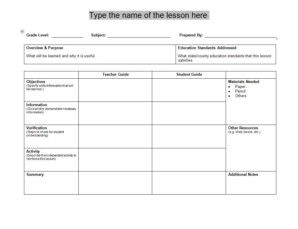 Lesson Plan 1 - Free Microsoft Word Template