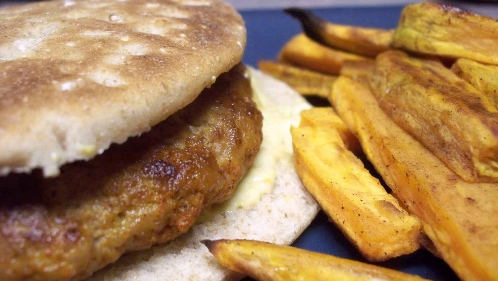 The Frickin Chicken Curry Burger with Cinnamon Sweet Potato Fries