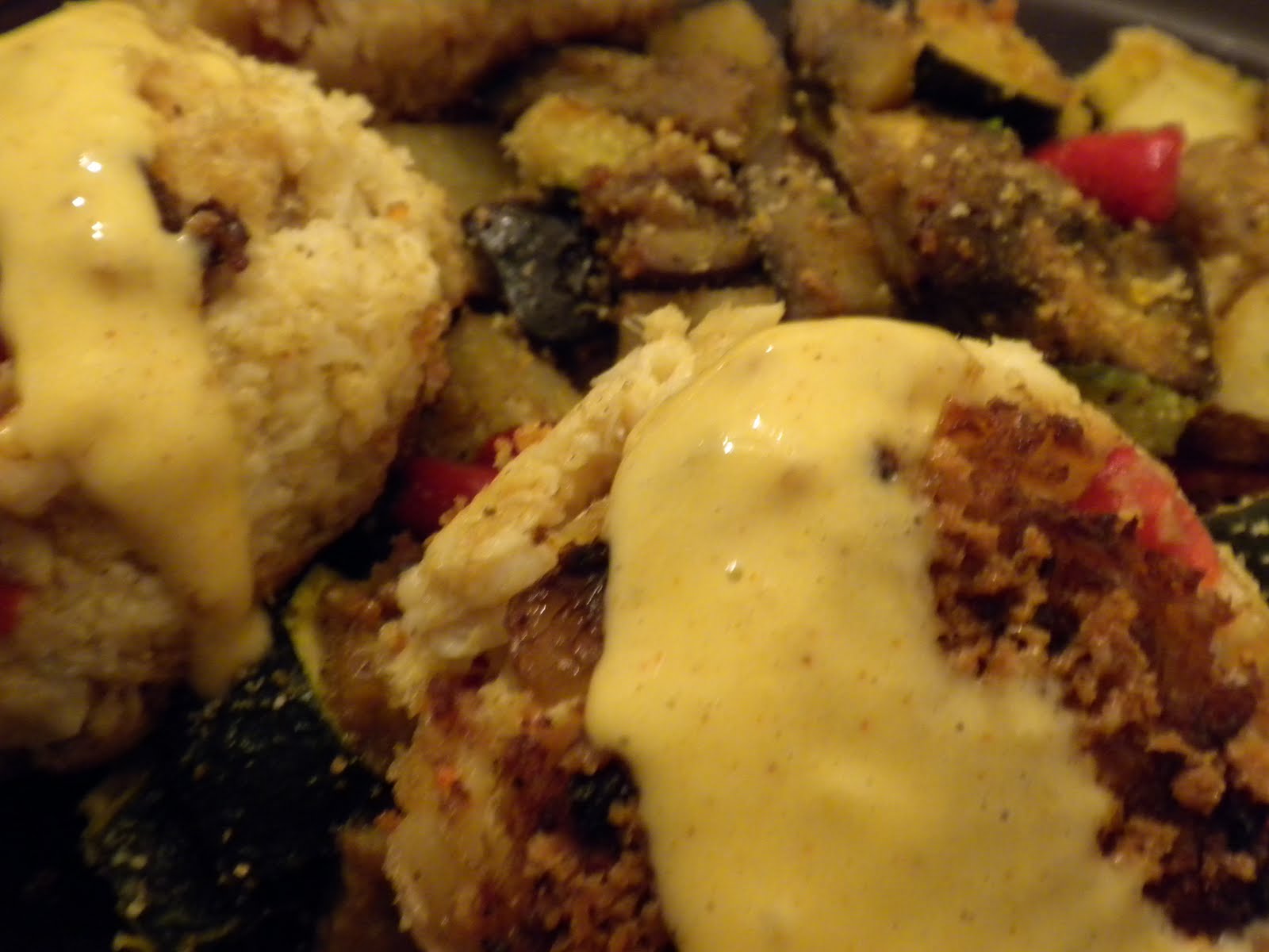 Rxipe Crab Cakes with Roasted Vegetables and aioli