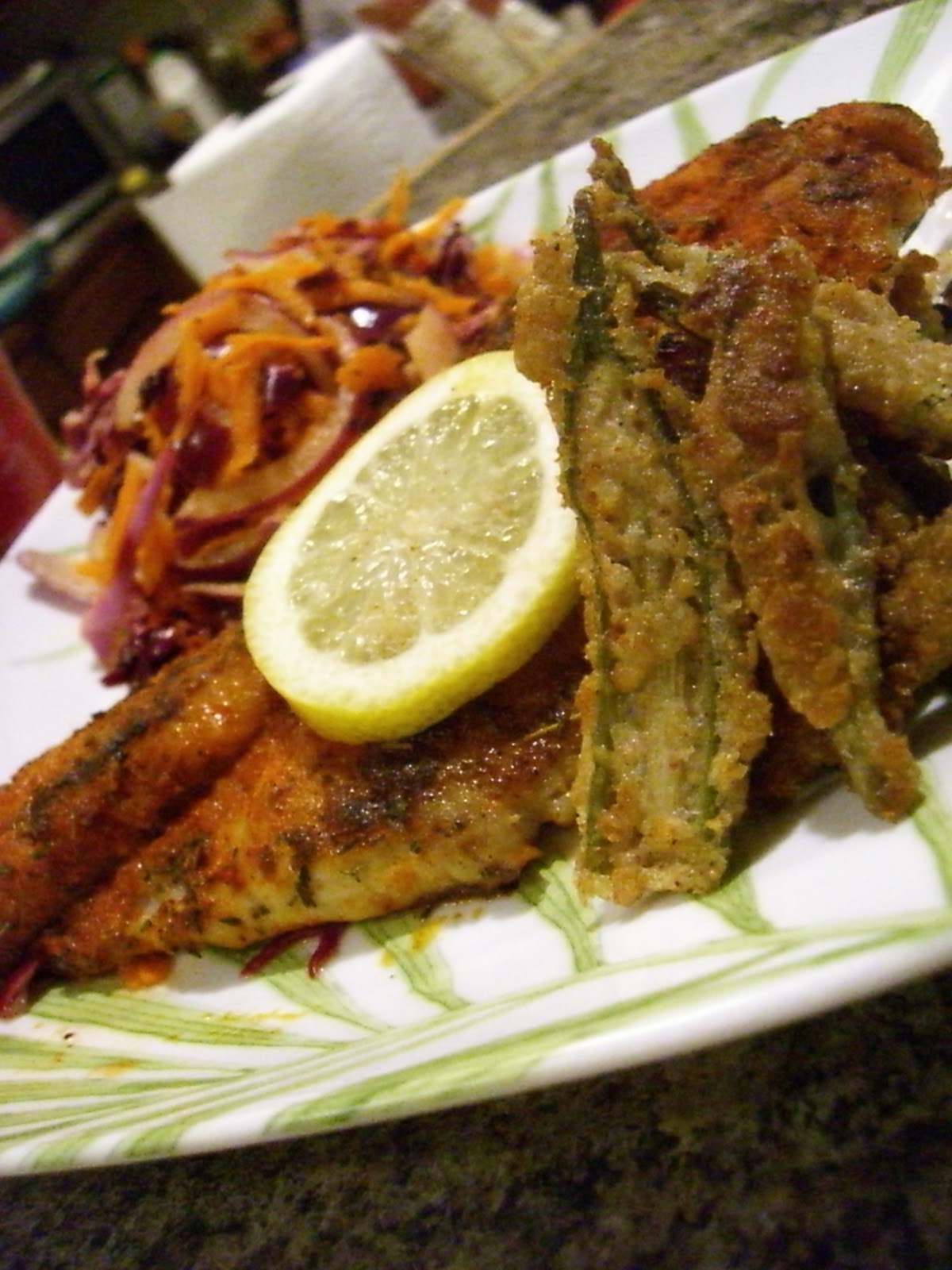 Awesome Noshin' "Fried" Catfish with Carrot and Red Cabbage Slaw, Okra