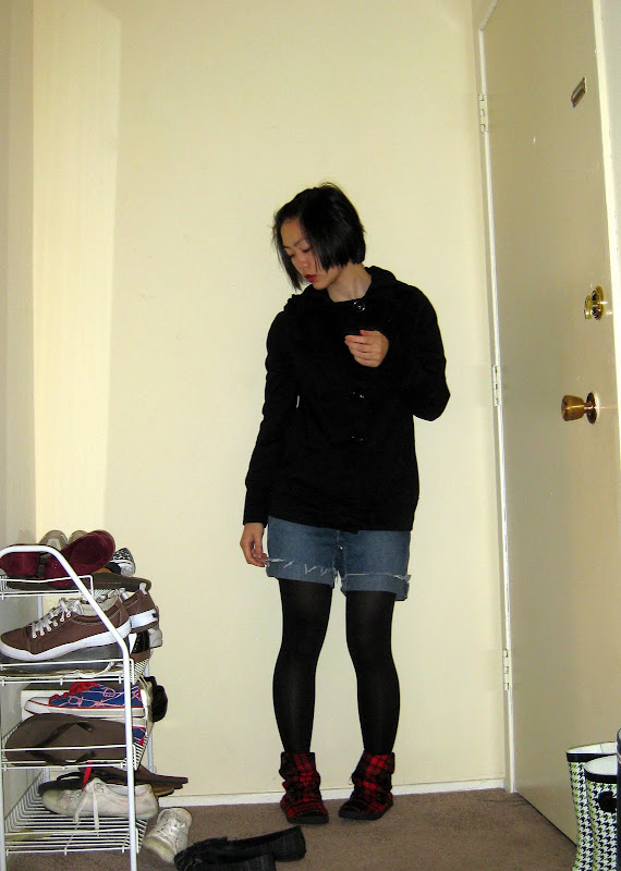 red plaid shoes and denim shorts