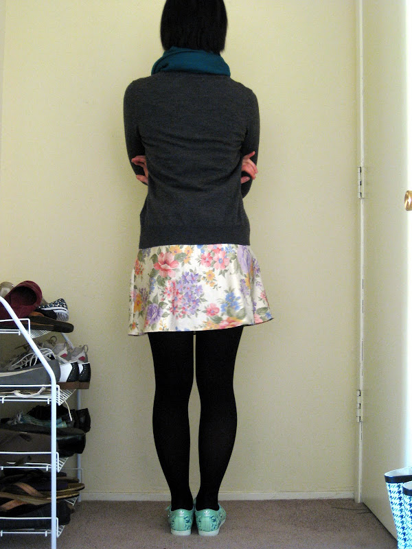 floral slip, gray uniqlo cardigan, teal pashmina, fafi for adidas