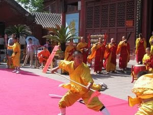A sparring form of Shaolinquan, an external style of Chinese martial arts, being demonstrated at Daxiangguo Monastery in Kaifeng, Henan.