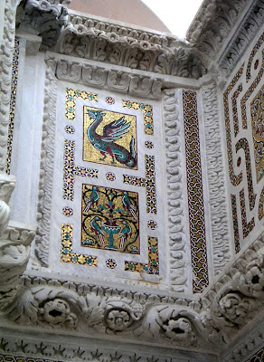 Mosaic animals on a pulpit in Ravello, Italy