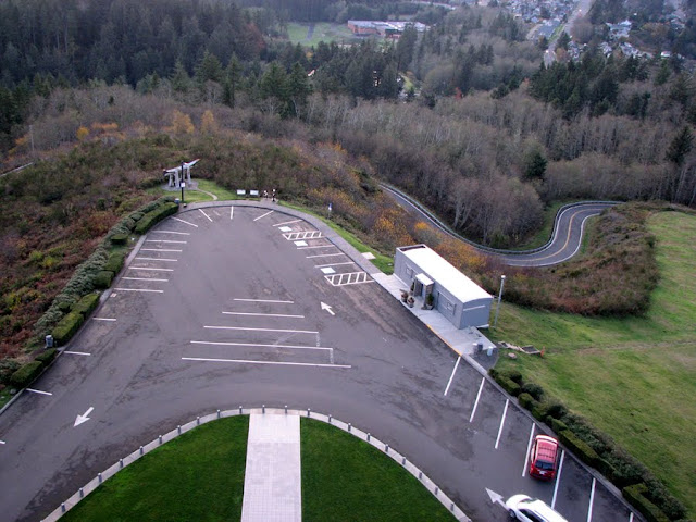 Looking down into the parking lot from the Astoria Column