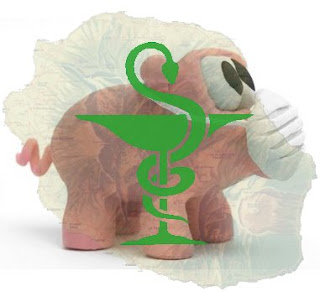 Cochon stylisé avec un masque sur le groin et caducée au dessus de La Réunion