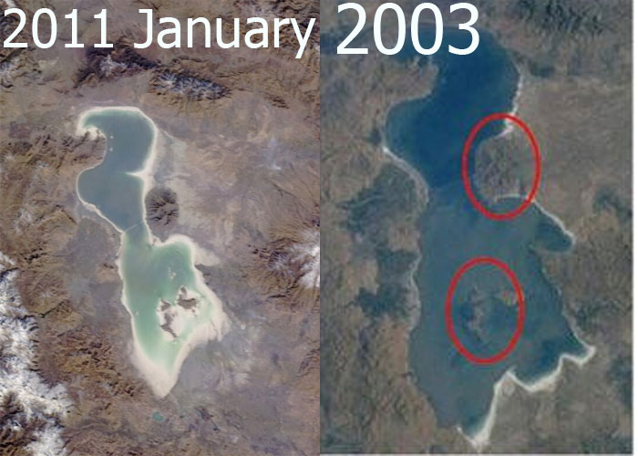 Lake Urmia News اخبار دریاچه اورمیه مقایسه تصاویر ماهواره ای دریاچه اورمیه و تسریع روند خشک
