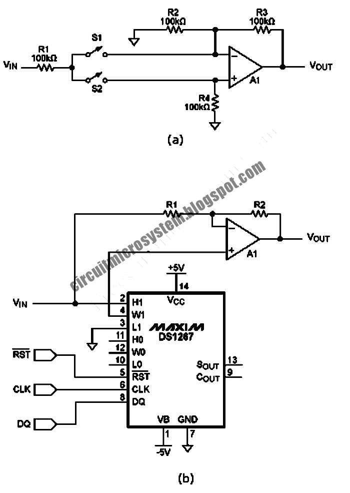 Digitally Controlled Dual Polarity Amplifier Circuit - Circuit Diagram