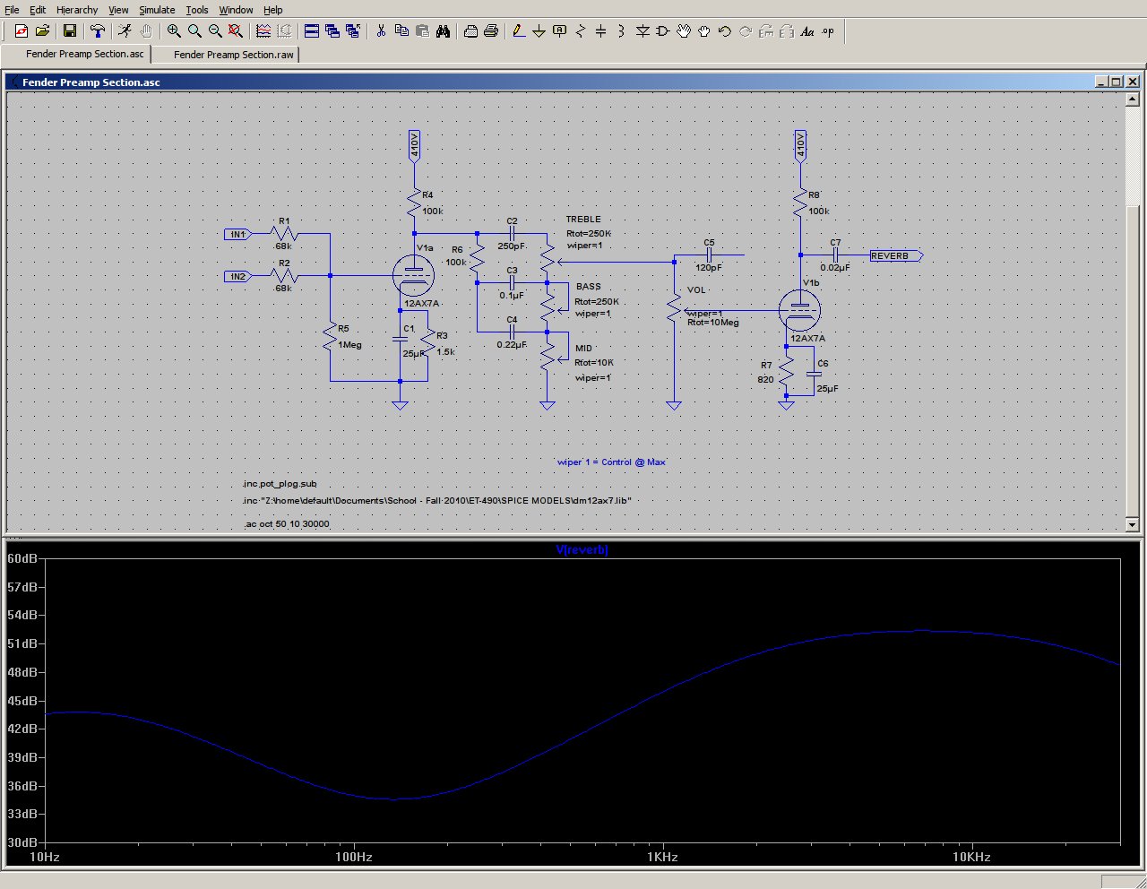 SCC ET490 Tube Guitar Amplifier LT Spice Fender Preamp Section Simulation