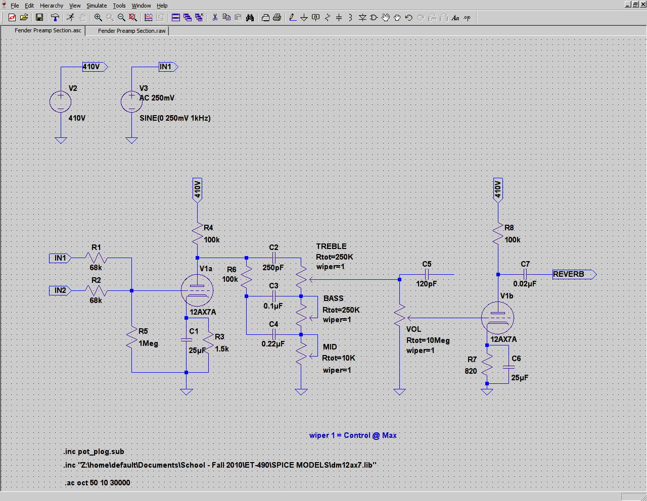SCC ET490 Tube Guitar Amplifier LT Spice Fender Preamp Section Simulation