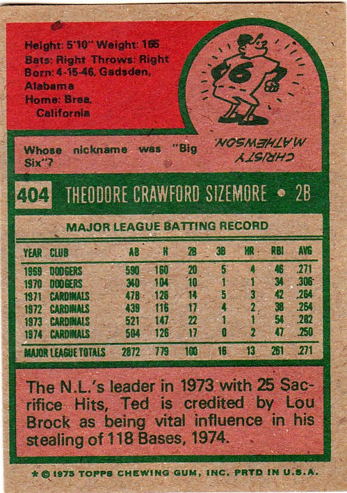 1975 Topps (it's far out, man): #404 - Ted Sizemore