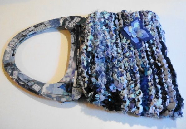 Fabric Strip Knitted Handbag in cool blues