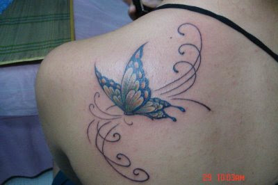 Butterfly Tattoos on Upper Back for Girl | Tribal Tattoo Idea
