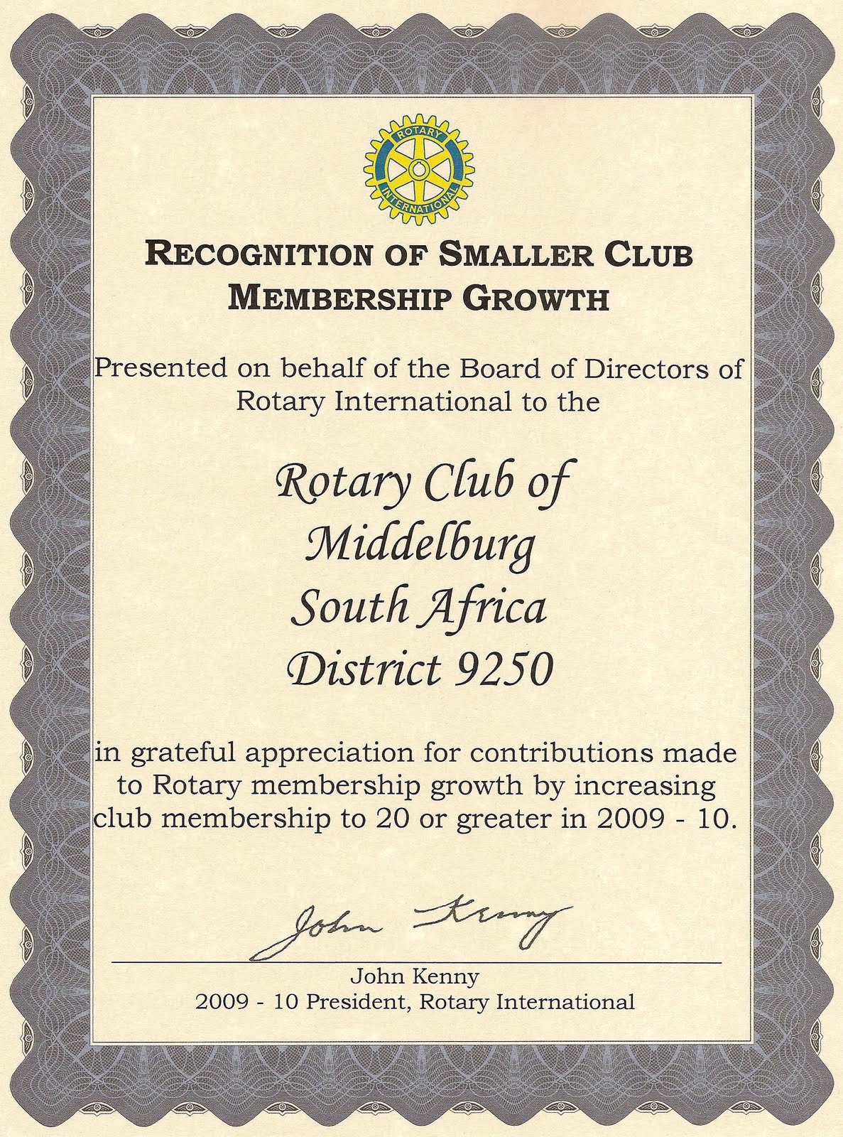 Middelburg Rotary Club Recognition for Club Growth