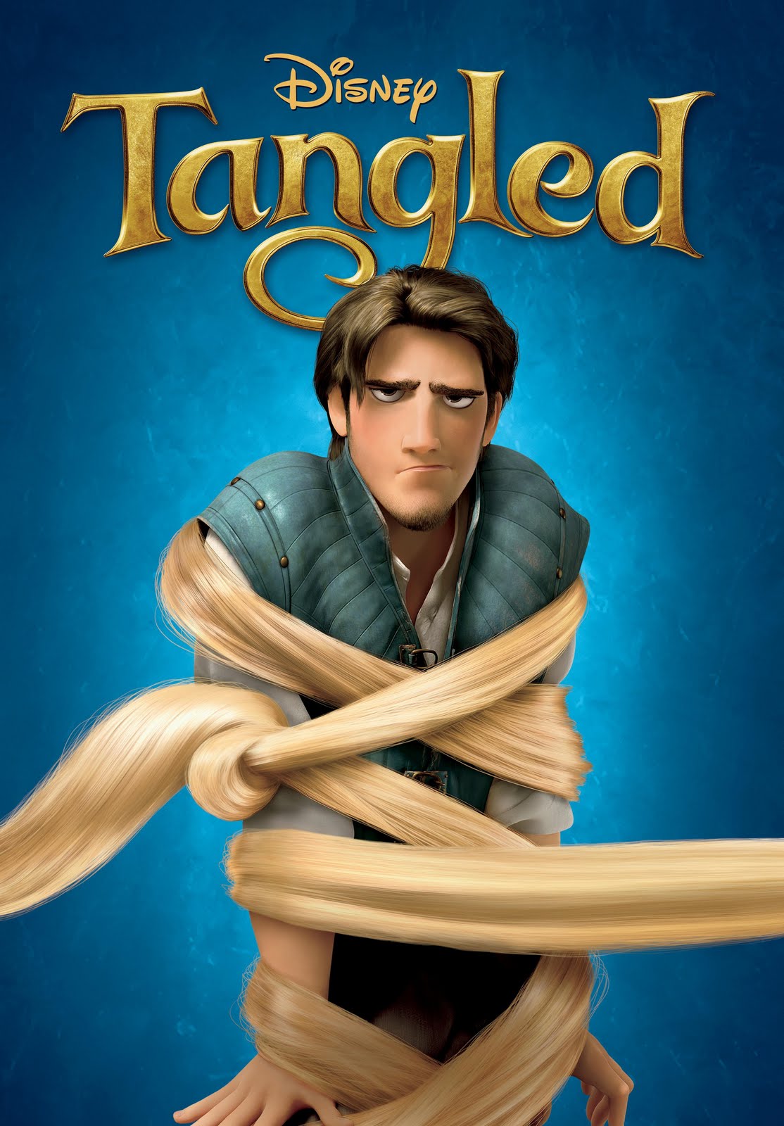 Affiche de Tangled (2010) avec Flynn attaché par les cheveux de Rapunzel