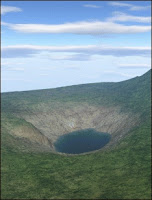 Reconstruction du cratère du lac Cheko à partir des données topométriques et bathymétriques. Le niveau du lac a été abaissé de 40 mètres pour mettre en évidence la forme en entonnoir atypique de la formation. Document Gasperini et al., U.Bologne.