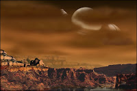 Illustration artistique des paysages de Titan en bordure d'un lac de méthane. Document T.Lombry.