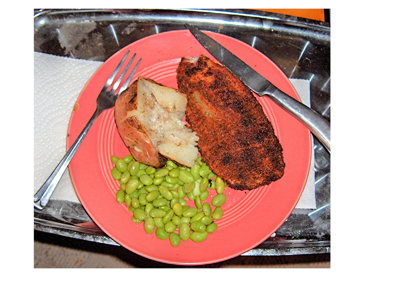 The Obsessive Chef Fried tilapia with baked potato and edamame